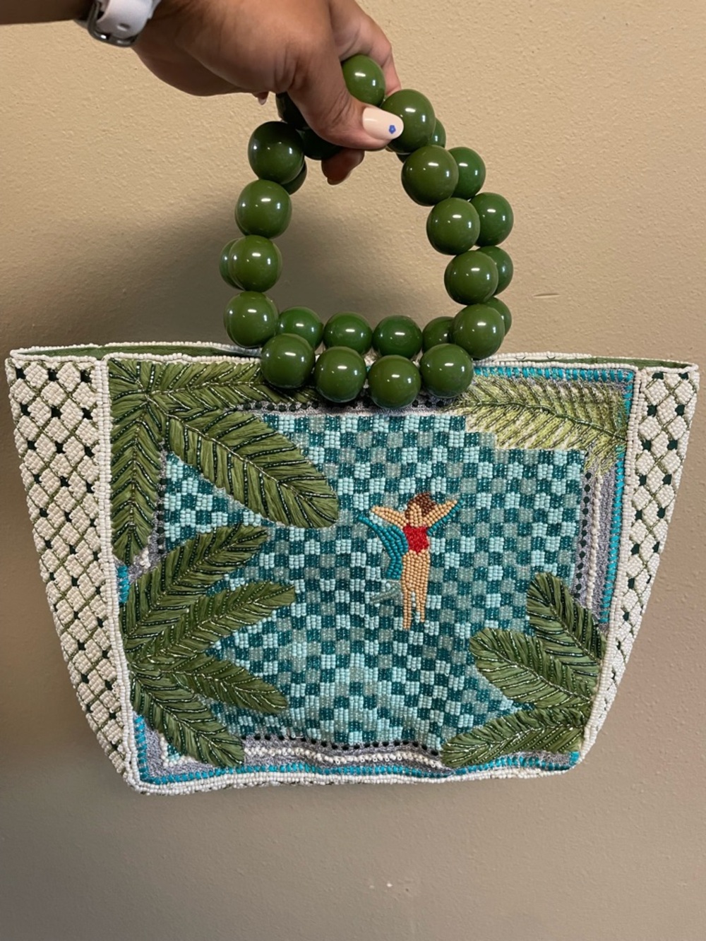Anthropologie Tropical Beach Palm Tree Beaded Tote Bag Wood Bead Handle